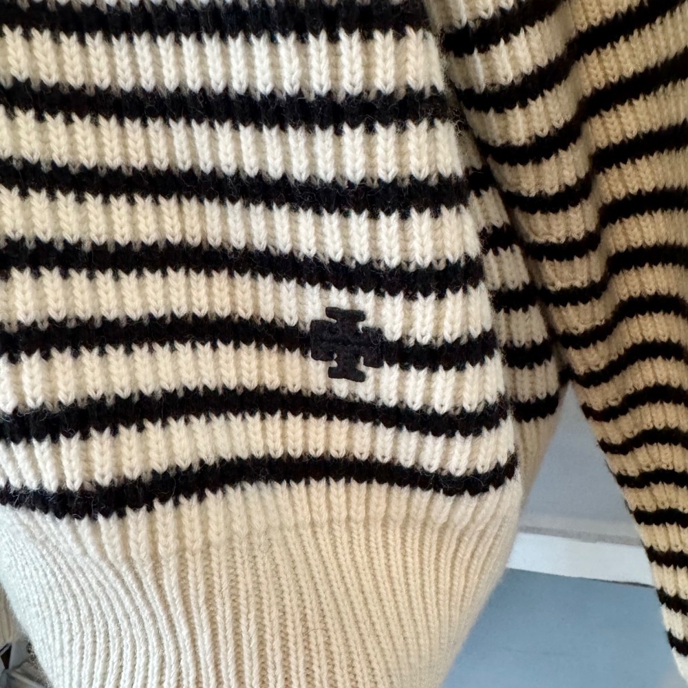 Tory Burch Striped 100% Wool Open Collar Sweater Collared Women's Size L - Picture 2 of 10